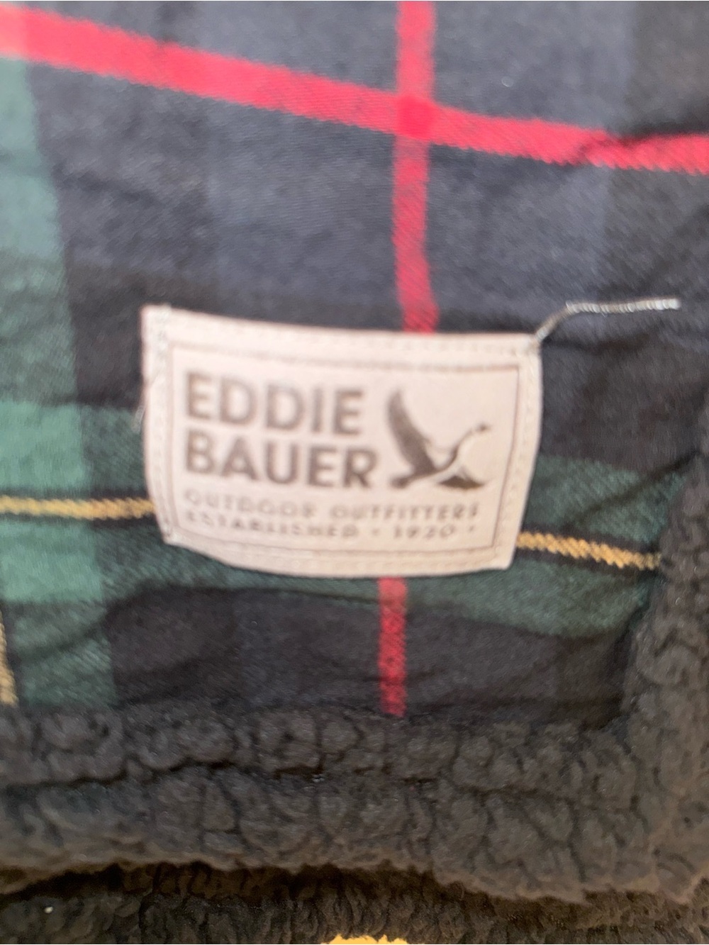 Eddie Bauer Green and Red Plaid Fleece-Lined blanket